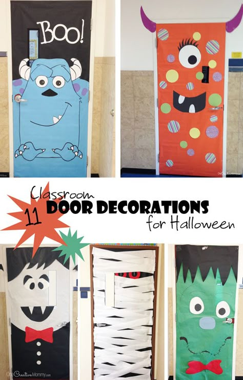 Easy Classroom Door Decorations for Halloween | Attention room moms and school volunteers! Check out these fun ideas for decorating classroom doors this season. {OneCreativeMommy.com} Decorating Classroom Doors, Door Decorations For Halloween, Halloween Door Decorations Classroom, Porta Halloween, Decorating Classroom, Halloween Doors, Monster Door, Halloween Classroom Door, Halloween Classroom Decorations