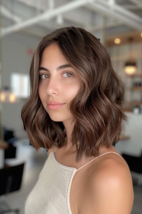 Woman with shoulder-length wavy brown hair in a bright, modern room. All Over Natural Brown Hair Color, Chocolate Brown Medium Hair, Medium Bob Brown Hair, Cool Brown Tones Hair, Dark Brown To Chocolate Brown Hair, Glaze On Brown Hair, Chocolate Glaze Hair Color, Neutral Tone Brown Hair, Chestnut Brown Hair Short