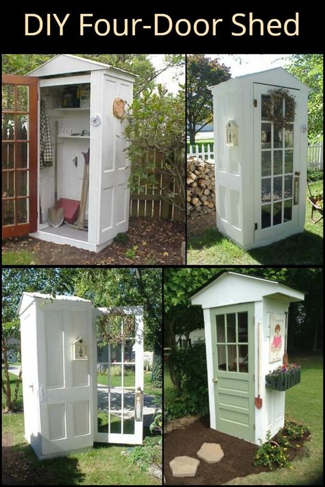 This little DIY four-door shed is perfect as it can be used as garden tools storage. Diy Garden Shed Cheap Simple, Diy Outdoor Tool Storage, Tool Shed Diy, Mini Garden Shed, Door Sheds, Garden Tools Storage, Outdoor Tool Storage, Outdoor Shed, Shed Landscaping