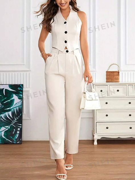 SHEIN Privé Chaleco y traje sin mangas para mujer, pantalones, 2 piezas/set, atuendo casual para otoño | SHEIN USA Elegant Pants Suits, Looks Kate Middleton, Elegant Pant, Women's Outfit Sets, Moda Chic, Two Piece Pants Set, Suit Trousers, Sleeveless Vest, Clothing Size Chart