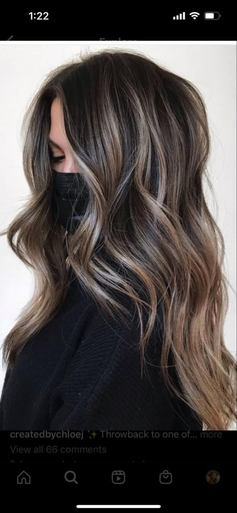 Dark Brown Base With Ash Blonde Balayage, Highlights To Disguise Gray Hair, Trendy Highlights For Brunettes, Brunette With Ash Blonde Highlights, Ashy Babylights On Dark Hair, Deep Brown Hair, Balayage Ideas, Hair Play, Mom Hair