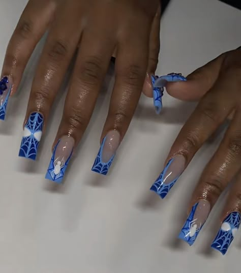 Blue Nail Inspiration Acrylic, Metallic Blue Nails, Blue Spiderman, Baby Blue Acrylic Nails, Spiderman Design, Light Blue Nail Designs, Nail Options, Hoco Nails, Teal Nails