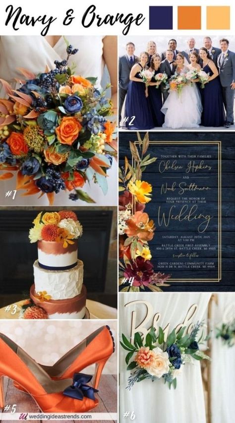 Best 4 Navy Blue November Fall Wedding Color Schemes - wedding ideas Orange And Blue Wedding, November Wedding Colors, Orange Fall Wedding, Blue Orange Weddings, Blue Fall Wedding, September Wedding Colors, Orange Wedding Themes, Orange Wedding Colors, Fall Wedding Color Schemes