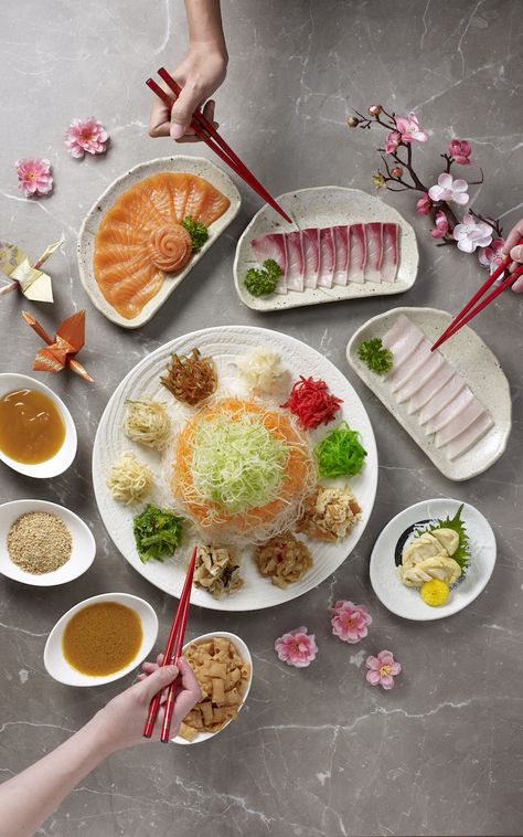 6 things you need to know about yu sheng - SilverKris Chinese New Year Photography Food, Chinese Food Photography Style, Chinese Platter Photography, Traditional Chinese Food Photography, Chinese Cusine Photography, Yu Sheng, Photography References, Fish Wrap, Salmon Sashimi