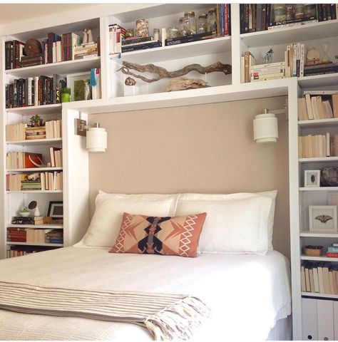 Built In Ideas Bedrooms, Built In King Headboard, Built In Bookcase Around Bed, Bed And Bookshelf Small Spaces, Bookcase Over Bed, Bedroom Built In Shelves Around Bed, Over Bed Wall Storage, Built In Shelves Behind Bed, Bed With Bookcases On Either Side