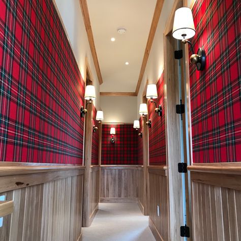 Carpeted Hallway, Fabric On Walls, Hallway Remodel, Wall Upholstery, Fabric Wall Covering, English Office, Tartan Decor, Country Kitchen Flooring, Tartan Wallpaper