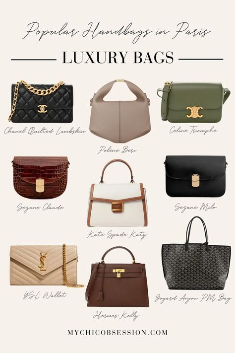 When we were in Paris, we saw a wide variety of handbag styles and brands, both from French handbag designers and others, but they all had a few things in common – they were functional, beautiful, and well-crafted. Read on for a list of the 27 best handbag styles and brands that we spotted in France to bring a final touch of timeless elegance to your looks. Luxury Brands Bags, Designer Bag Collection, Timeless Designer Bags, Elegant Handbags, Luxury Brands, Timeless Purse, French Handbags, Sunglasses For Your Face Shape, Ysl Wallet