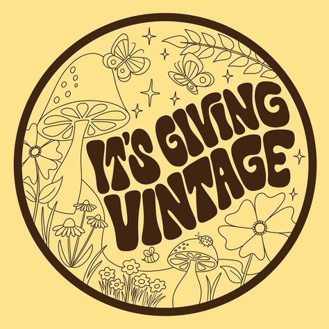 New logo for @itsgivingvintage 🍄🦋✨ I also created story wallpapers and highlight icons for a fully cohesive profile. Logo | branding | vintage | thrifting | illustration | mushrooms | groovy | 1970s | cottagecore | lettering Cottagecore Lettering, Thrifting Illustration, Thrift Branding, Thrift Logo, 1970s Cottagecore, Hub Logo, Profile Logo, Highlight Icons, New Logo