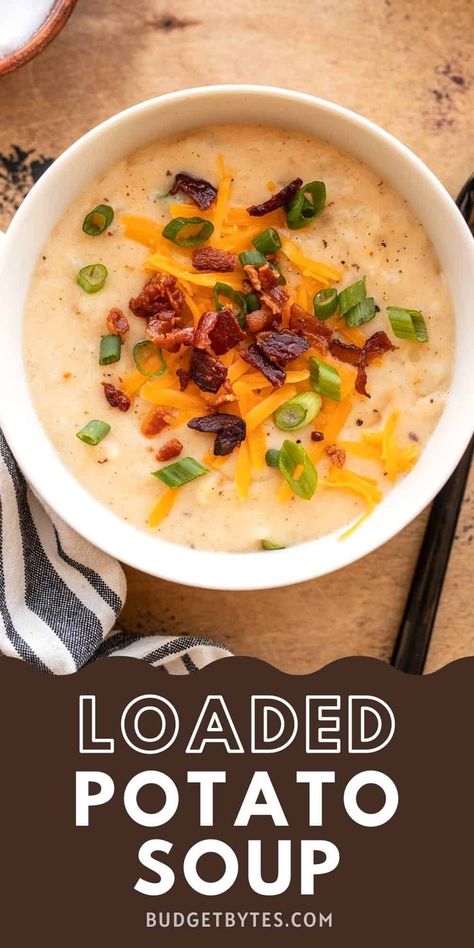 Loaded Potato Soup is like your favorite baked potato with all the fixins, like bacon, sour cream, green onion, and cheese, but in a bowl! BudgetBytes.com One Pot Potato Soup, Budget Bytes Recipes, Potato Cheddar Soup, Loaded Potato Soup, Loaded Baked Potato Soup, Budget Bytes, Creamy Potato Soup, Bacon And Cheese, Baked Potato Soup