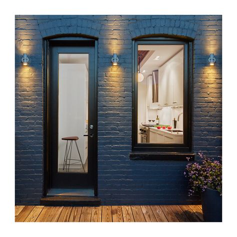 Grey Blue Brick House Exterior, Navy Blue Brick House Exterior Paint, Navy House Black Door, Painted Blue Brick House Exterior, Navy House With Black Trim, Navy Blue House Exterior Black Trim, Navy Blue Brick House, Dark Blue Brick House Exterior, Navy Brick House Exterior