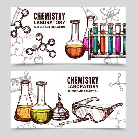 Two hand drawn style banners with titles of chemistry laboratory equipments and elements isolated vector illustration Chemistry Drawing, Chemistry Posters, Chemistry Laboratory, Chemistry Projects, Chemistry Art, Chemical Science, Lab Week, Chemistry Labs, Laboratory Science