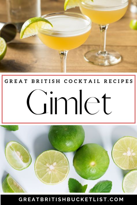 Looking for the ultimate gimlet cocktail recipe? This one makes fresh, zingy cocktails with a big boozy kick. Find out how the gimlet was created back in the 1800s, including a bizarre health benefit that might surprise you. Learn how to shake up the ultimate gimlet cocktail plus 13 special gimlet recipes with a twist. This classic British cocktail is a great option when you're looking for something sour and fresh. #Gimlet #GimletRecipe #CocktailRecipe #BritishCocktail British Cocktails, Twists On Classic Cocktails, Vodka Gimlet Recipe, Gimlet Recipe Gin, Gin Juice Cocktail, English Garden Cocktail, Gin Gimlet, Gimlet Cocktail, Gimlet Recipe