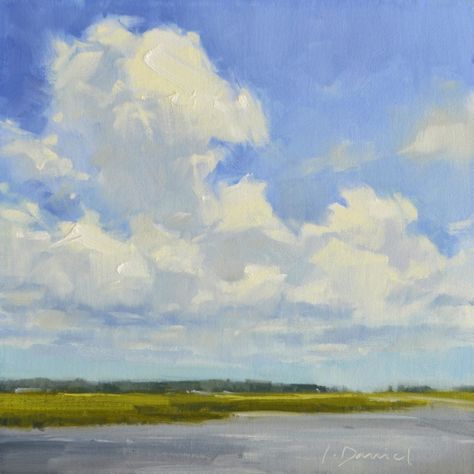 "Peaceful Sky," by Laurel Daniel, oil on panel, 12 x 12 in. Marsh Painting, Cloud Paintings, Cloud Study, Mini Landscape, Painting Clouds, Farmhouse Paintings, Oil Painting For Beginners, Salt Marsh, Peanuts Cartoon