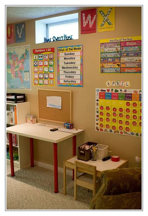 School Room Posters, Homeschool Room Wall Ideas, Homeschool Corner Ideas, Homeschool Room Ideas Preschool, Learning Corner At Home Toddler, Preschool Room Ideas, Homeschool Wall Decor, Preschool Homeschool Room, School Room Decorations