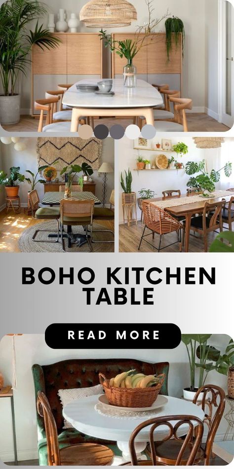 Discover stunning boho-inspired decor ideas for your kitchen table. Transform your dining area into a Bohemian paradise with our handpicked accessories Round Dining Table Boho Chic, Boho Round Kitchen Table, Small Boho Kitchen Table, Modern Boho Dining Table, Round Wooden Dining Table Bohemian, Boho Dining Room Table, Boho Kitchen Island, Round Dining Table Bogo, Boho Kitchen Table