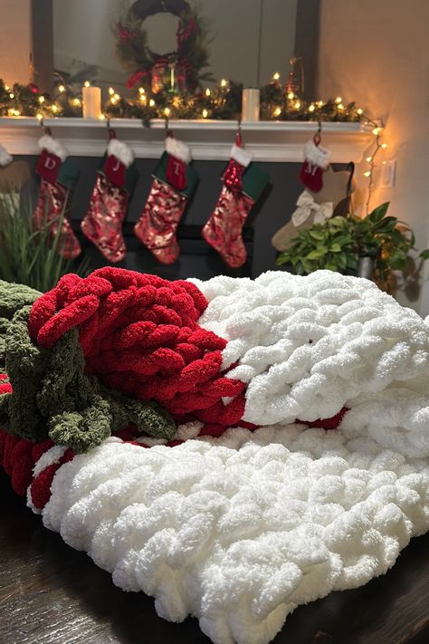 **Cozy Knit Blanket Christmas| Red, White, and Green | Full Bed Size** Add a touch of warmth and style to your home's holiday decor with our beautifully crafted knit blanket, perfect for a US full bed. This blanket features a stunning blend of red, white and Gree. colors, creating a striking yet versatile addition to any decor. **Key Features - **Vibrant Colors The unique combination of red, white, and green adds a bold holiday  statement to any room. - **Cozy and Comfortable Made from high-qual Christmas Chunky Blanket, Chunky Crochet Christmas Blanket, Chunky Blanket Ideas, Chunky Yarn Christmas Tree, Christmas Chunky Knit Blanket, Red And White Chunky Knit Blanket, Chunky Knit Blanket Becozi, Mustard Chunky Knit Blanket, American Flag Chunky Knit Blanket