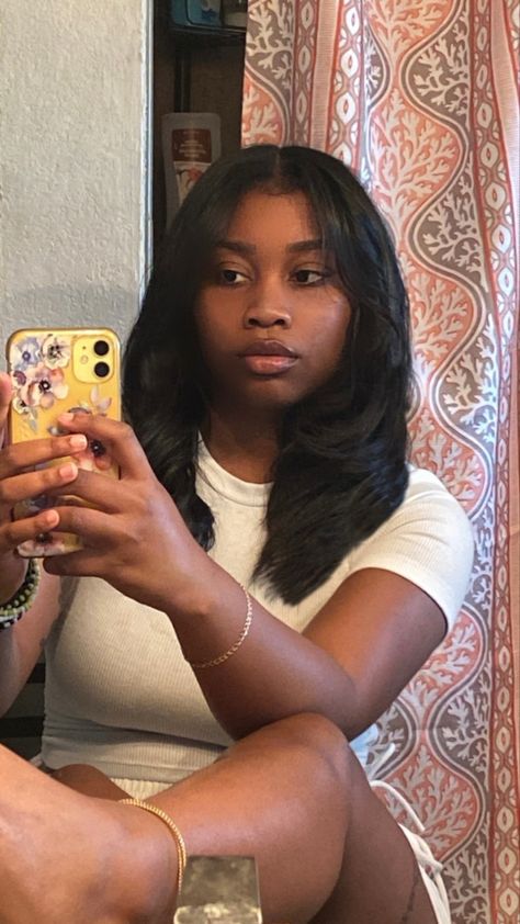 Black Woman Flat Iron Hair, Flat Ironed Hair Black Hairstyles Natural, Curled Straight Hair Black Women Natural, Straight Hair Styles For Black Women, Straight Hair Black Women Natural, Short Straight Sew In, Sewin Frontal Sew Ins, Silk Press Natural Hair Curtain Bangs, Black Silk Press Hairstyle