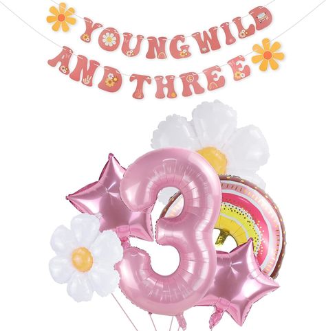 Wild And Three Decorations, 3rd Birthday Party Decorations, Balloon For Birthday, Third Birthday Girl, Young Wild And Three, Flower Rainbow, Hippie Birthday, 3rd Birthday Party, 3rd Birthday Cakes