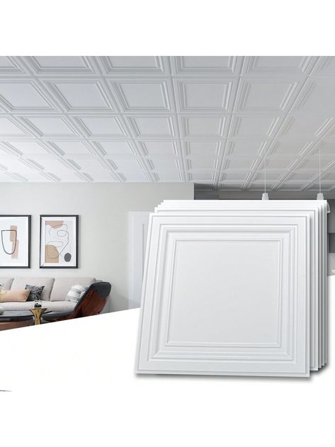 White  Collar  PVC Plain Wall Stickers Embellished   Home Decor Ceiling Tile Ideas, 2x2 Ceiling Tiles, Drop Ceiling Grid, Pvc Ceiling Tiles, Dream Salon, Decorative Ceiling Tile, Plain Wall, Ceiling Grid, Drop Ceiling