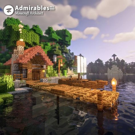 Mc Fishing Hut, Minecraft Fishing Hut Ideas, Minecraft Medieval Fisherman House, Mc Fishing Dock, Minecraft Medieval Fishing Hut, Cottagecore Fishing Dock Minecraft, Fisherman Hut Minecraft, Minecraft Fishery, Fishing Village Minecraft