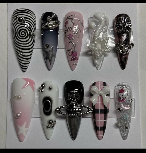 Nails, Nail art, acrylic nails, Blackpink, black, Pink, slay, girly, bows, gems, Aaliyah core, Paznokcie Hello Kitty, Punk Nails, Airbrush Nails, Goth Nails, Grunge Nails, Hello Kitty Nails, Soft Nails, Cat Nails, Dark Nails