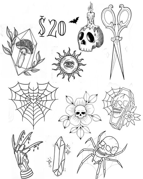 Small Horror Movie Tattoos Flash, Friday 13 Tattoo Ideas Flash, Fill Tattoo, Goth Flash Tattoo, Goth Tattoo Flash Sheet, Friday 13 Tattoo Ideas, Friday The 13th Tattoo Flash, Friday The 13th Flash, Friday The 13th Tattoo