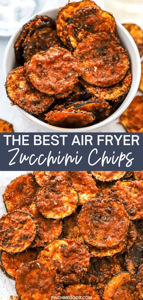 You are going to love these crispy air fryer zucchini chips. They are made with fresh sliced zucchini and a garlic parmesan coating that is so flavorful. They come out perfectly golden and are the best healthy snack that even kids will love! Low-carb and gluten-free! Healthy Carb Free Snacks, Homemade Zucchini Chips, Air Fryer Zucchini Chips Keto, Crispy Air Fryer Zucchini Chips, Fried Zucchini Slices, Airfryer Recipes For Diabetics, Healthy Snacks Chips, Zucchini Garlic Bites Air Fryer, Air Fried Zucchini Chips