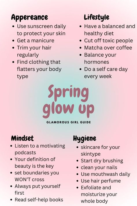 Spring glow up checklist April Glow Up Challenge, April Glow Up, Spring Glow Up Checklist, Spring Break Glow Up Challenge, 3 Day Glow Up, Hoț Girl Summer Glow Up, Glow Up Over Spring Break, Spring Break Glow Up, Spring Glow Up