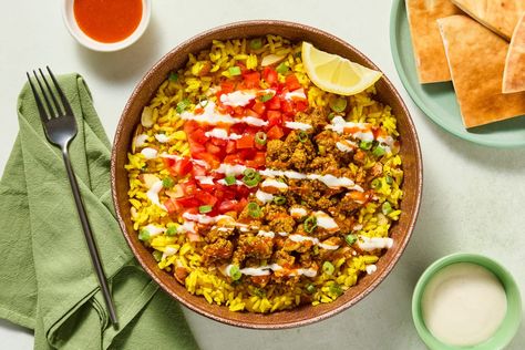 Street Cart-Style Turkey Bowls Recipe | HelloFresh Hello Fresh Tacos, Chicken Bowls Recipe, Turkey Bowls, Creamed Turkey, Jasmine Rice Recipes, Weeknight Dinner Recipes, Shawarma Spices, Turkey Bowl, Chicken Bowl Recipe