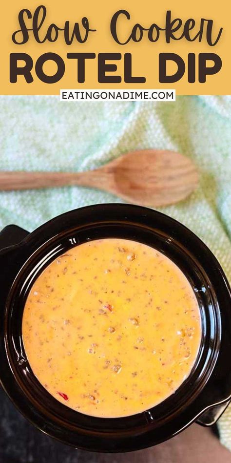 Crock Pot Rotel Dip Recipe is our go to appetizer for parties, game day and more! This dip is so tasty and amazing for an instant crowd pleaser. This rotel dip is loaded with velveeta cheese and sausage for a family favorite cheese dip. Everything combines perfectly in the slow cooker. #eatingonadime #crockpotroteldip #gamedaydip #appetizer Hamburger Dip Velveeta Crock Pot, Cheese Dip With Rotel Velveeta, Rotel Dip With Real Cheese, Hamburger Rotel Cheese Dip Crockpot, Velveeta And Rotel Dip Crockpot, Velveeta Hamburger Dip Crockpot, Cheese Rotel Dip Crock Pot, Hot Cheese Dip Recipes Crock Pots, Rotel Dip In Crock Pot