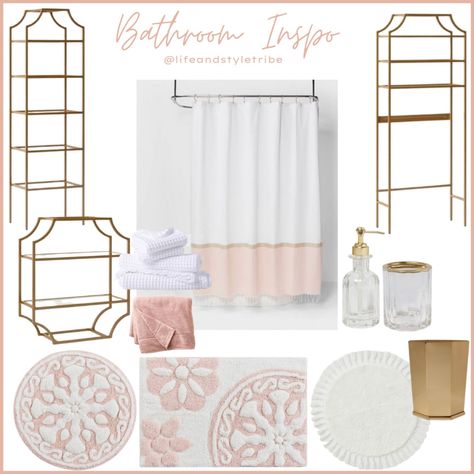 Blush Color Bathroom Ideas, Bathroom Target Decor, Blush Bathroom Decor Ideas, White And Blush Bathroom, Over The Toilet Storage Ideas For Towels, Feminine Shower Curtain, Neutral Feminine Bathroom, Pink And White Shower Curtain, Dusty Rose Bathroom Decor