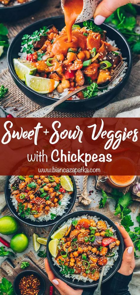 This Chinese chickpea vegetable stir-fry with sweet sour sauce and rice is a quick and easy 15-minute recipe that's healthy and delicious! #vegetables #stirfry #chinesefood #chickpeas #veggies #easyrecipes #sweetandsour #veganrecipes #vegetarian #recipes #food #vegan #rice #asianfood #foodrecipes #spicy #chili #healthyfood | biancazapatka.com Sweet And Sour Chickpeas, Sweet And Sour Vegetables, Vegan Bean Recipes, Sweet And Sour Recipes, Sweet Sour Sauce, Vegan Stir Fry, Vegan Asian Recipes, Sour Foods, Vegan Rice