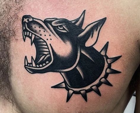 Dog Head Tattoo Traditional, Traditional Tattoos Black Flash, Rottweiler Traditional Tattoo, American Traditional Cerberus Tattoo, Barking Doberman Tattoo, Blackwork Dog Tattoo, Black And Grey Cover Up Tattoo, Dog Barking Tattoo, Dog American Traditional Tattoo