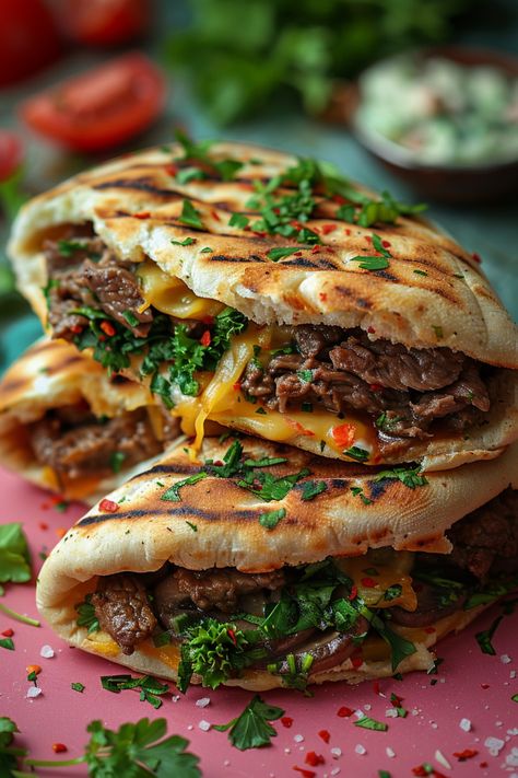 Cheesy Beef and Mushroom Pita Pockets with Tzatziki Sauce 🥙🍄🧀 Meatball Pita Sandwich, Beef Pita Pocket Recipes, Pita Toppings, Ground Beef Pita Pocket Recipes, Greek Pita Pockets, Pita Meals, Beef Wraps Recipes, Ground Beef Pita, Pita Pocket Recipes Lunches