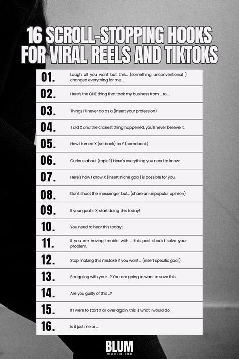 Social media marketing is only successful when there is a strong hook that catches the attention of your audience. If you are not capturing attention, you are simply playing a losing game. If you scroll through Instagram reels, TikTok's for you page and the Instagram Explore page, you'll notice a trend in the best performing content... They all have an attention grabbing hook that reels you in. Here are some hooks to try on your next post. attention-grabbing hooks, caption hooks. reels hooks, TikTok hooks, scroll-stopping hooks, viral reels ideas, viral TikTok ideas Attention Grabbers Social Media, Attention Grabbing Hooks, Reels Hook Ideas, Hook Ideas For Tiktok, Instagram Hooks Ideas, Hooks For Ig Reels, Instagram Reel Caption Ideas, Scroll Stopping Hooks, Content Hooks Instagram