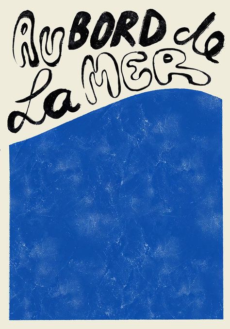 Artistic poster with the French phrase 'Au bord de la mer' in bold black script at the top, over a textured deep blue background that fills the lower section, evoking the peacefulness of the ocean.