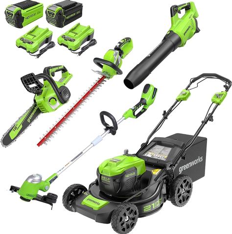 Greenworks 40V 21" Cordless Self-Propelled Lawn Mower,(500 CFM/120 MPH) Axial Leaf Blower,13" String Trimmer,Cordless Hedge Trimmer,12" Chainsaw Combo Kit w/ (1) 5Ah (1)2AH Battery, (2) 2A Chargers Wet Leaves, Electric Mower, Self Propelled Mower, Lawn Mower Tractor, Push Mower, Steel Deck, Hedge Trimmer, Lawn Equipment, Lawn Maintenance