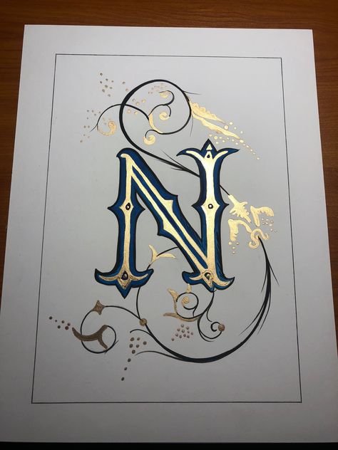 This is a handmade Illuminated Capital N made with watercolor and gold leaf. N Letter, The Letter N, Graphic Design Jobs, Alfabet Letters, Illumination Art, Fancy Letters, Hand Lettering Art, Lettering Alphabet Fonts, Creative Lettering