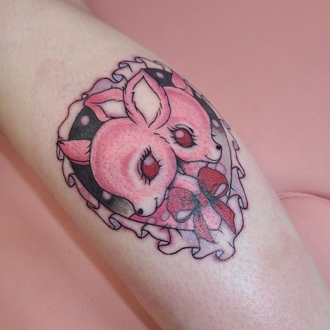 Yandere Tattoo, Kitschy Tattoo, Two Headed Bunny Tattoo, Morute Tattoo, Cutecore Tattoo, Creepy Cute Tattoo Ideas, Kawaii Chest Tattoo, Pastel Goth Tattoo Ideas, Spooky Cute Tattoo