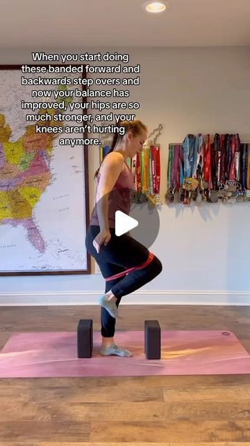 Stephanie Ridgway on Instagram: "If you need to work on balance and hip strength, try this exercise!

Balance is something that I think most people stop working on as they get older. Balance is probably one of the most important things to work on! The better your balance, the stronger you are, and the less likely you are to fall.

This exercise is great because it works on balance on the stance leg and hip strength on the moving leg.

If you are a beginner, start without a band and without the blocks. The. You can add them in as you get stronger and your balance gets better.

Try it and let me know what you think!

#balanceexercises #hipstrength #kneepain #kneepainrelief #hippainrelief" Yoga Blocks Exercises, Hip Strength, How To Help Nausea, How To Strengthen Knees, Hip Pain Relief, 50k Views, Knee Pain Relief, Get Stronger, Balance Exercises