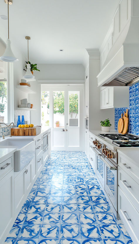 Blue and White Coastal Galley Kitchen Colorful Galley Kitchen, White Galley Kitchen, Blue And White Coastal, Coastal Mediterranean, Blue Backsplash, Mediterranean Kitchen, Kitchen White, Galley Kitchen, Blue Kitchen