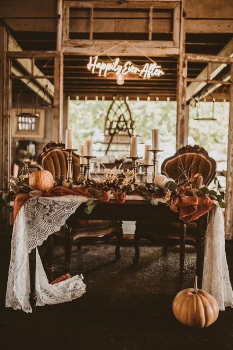 Bride And Groom Only Table, Fall Warehouse Wedding, Autumn Western Wedding, Bride And Groom Table Western, Antique Fall Wedding, Fall Bride And Groom Table, Fall Head Table Wedding Decorations, Pumpkin Wedding Decor, Fall Reception