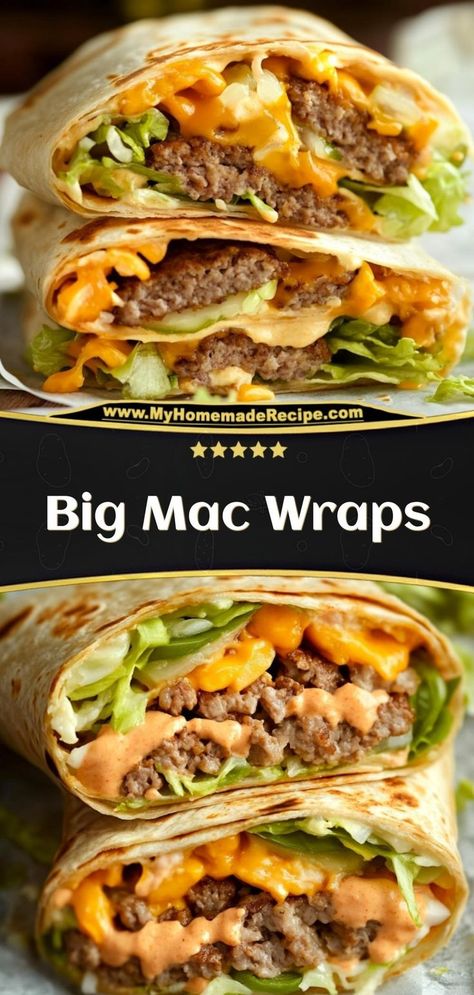 These Big Mac wraps are a delicious twist on the classic burger, featuring ground beef, cheese, and special sauce in a tortilla wrap. A fun and easy meal! Ingredients: 1 lb ground beef 1 cup shredded lettuce 4 tortillas ¼ cup Big Mac sauce Enjoy these Big Mac wraps for a quick and flavorful dinner, perfect for burger lovers Hot Wraps Recipes Healthy, Deli Meat Wraps Lunch Ideas, Wrap Meal Ideas, Big Mac Wraps Healthy, Wrap Food Ideas, Lunch Wraps Ideas, Folded Wrap Recipes, Grilled Wraps Recipes, Lavash Wrap Ideas