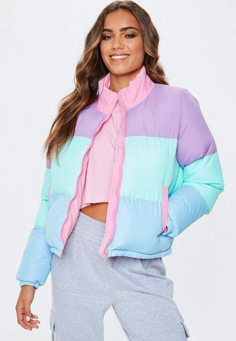 Multi Pastel Colour Block Puffer Jacket #regular#pockets#front Cute Winter Coats, Revival Clothing, Colorful Jacket, Faux Suede Jacket, Puffer Jacket Women, Color Pastel, Oversized Denim Jacket, Puffy Jacket, Winter Coats