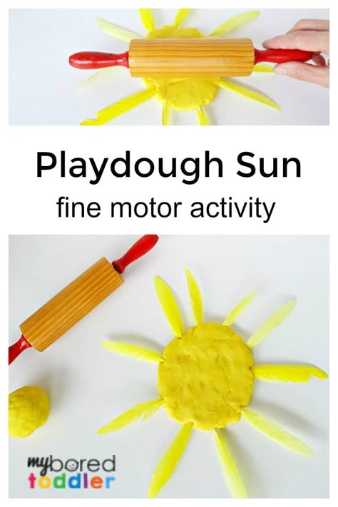 Playdough Sun Fine Motor Activity for Toddlers: A simple playdough activity, perfect for strengthening those fine motor muscles in fingers and hands.  #toddlers #myboredtoddler #playdough #toddleractivities Simple Playdough, Playdough Activity, Sun Activity, Summer Activities For Toddlers, Child Development Activities, Sun Crafts, Fine Motor Activity, Activity For Toddlers, Fine Motor Activities For Kids