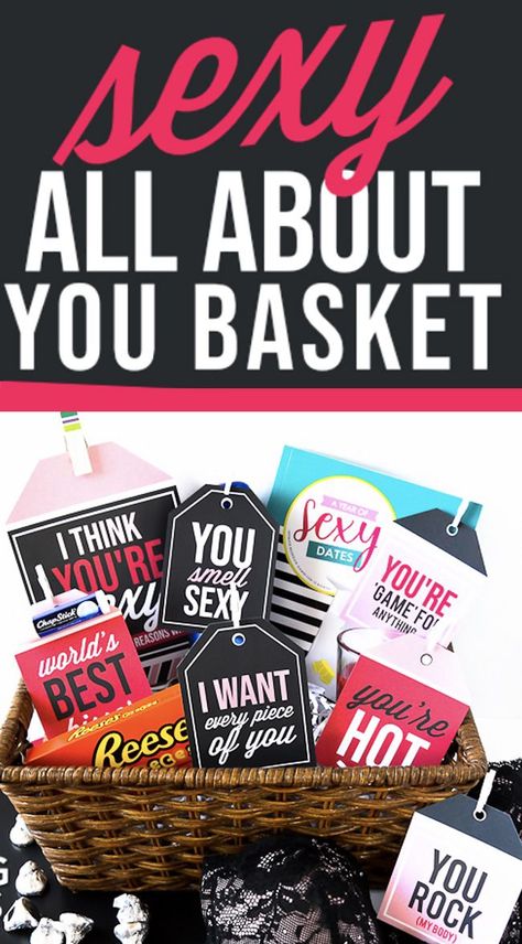 Sexy gift basket for him! Perfect for an anniversary gift, birthday gift, or just beacuse. #husbandgift Gift Basket For Husband, Gift Basket Ideas For Men Boyfriends, Gift Basket For Him, Stocking Stuffer Ideas For Kids, Personalized Gift Basket, Anniversary Gift Ideas For Him Boyfriend, Anniversary Gift Baskets, Perfect Gift Basket, Personalized Gift Baskets