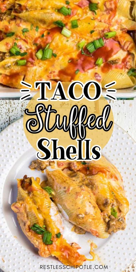 Cheesy Taco Jumbo Pasta Shells, Queso Taco Stuffed Shells, Jumbo Shell Taco Pasta, Cheesy Stuffed Taco Shells, Large Stuffed Shells Ground Beef, Cheesy Taco Stuffed Pasta Shells, Stuffed Shells Ground Turkey, Shells And Cheese With Ground Beef, Stuffed Taco Pasta Shells