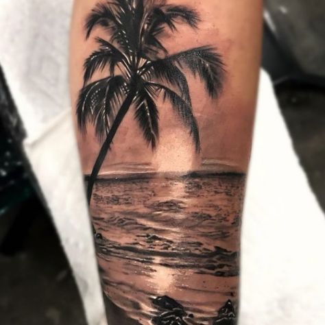 Strand Tattoo, Beach Inspired Tattoos, Ocean Sleeve Tattoos, Black And Grey Realism, Beachy Tattoos, Tiger Tattoo Sleeve, Tropical Tattoo, Filler Tattoo, Inner Bicep Tattoo