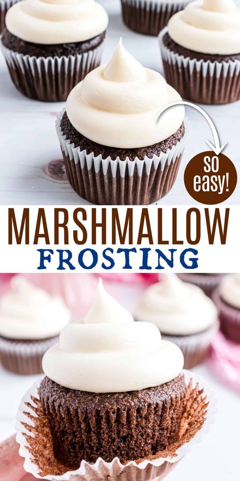 Homemade Marshmallow Frosting is just 4 ingredients, easy to make and whips up fluffy and so smooth! It's a beautiful and delicious topping to cakes and cupcakes! Marshmallow Cream Frosting Recipe, How To Make Fluffy Icing For Cupcakes, Stiff Cupcake Frosting, Icing With Marshmallow Fluff, Marshmallow Whipped Cream Frosting, Marshmallow Fluff Frosting Easy, Marshmallow Cupcake Frosting, Chocolate Cake Marshmallow Frosting, Marshmallow Cream Filling For Cupcakes