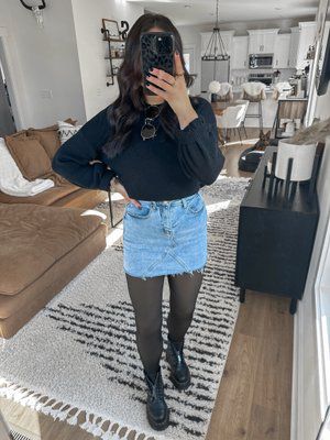 Check out this look I found on LTK https://liketk.it/4nB2a Download the LTK app to see! Doc Martens And Skirt, Lined Tights Outfit, Denim Skirt Outfit Casual, Skirt And Tights Outfit, Mini Skirt Outfit Fall, Doc Martens Outfit Fall, Denim Skirt Outfit Fall, Denim Mini Skirt Outfit, Skirt Outfit Casual